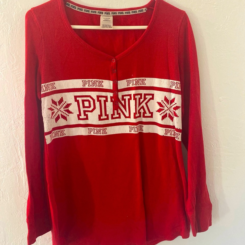 Vintage Victoria’s Secret PINK Red Long Sleeve Pajama Top w/ White Detailing